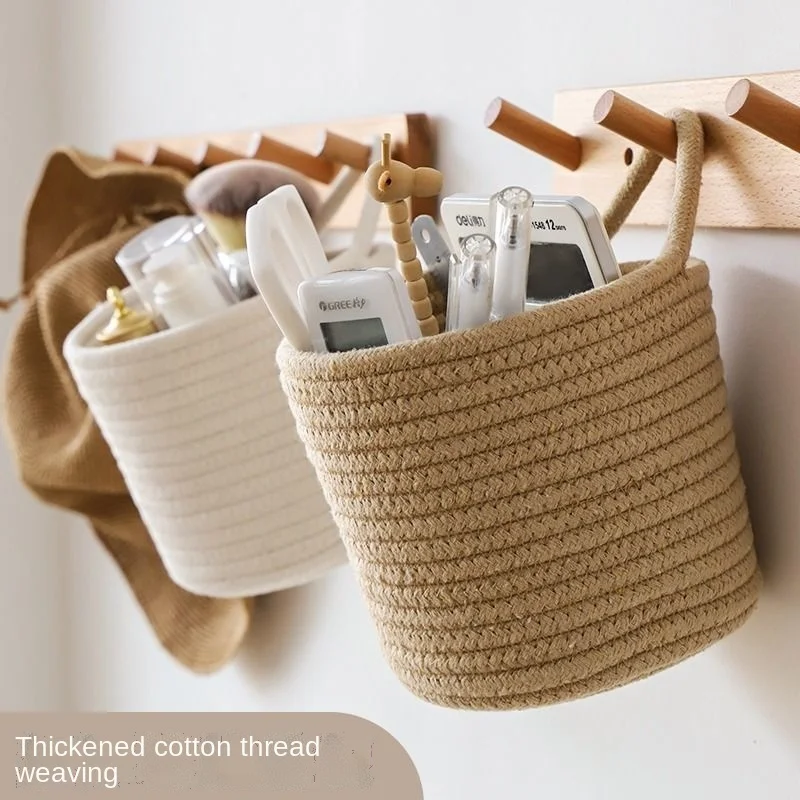 Cotton Woven Storage Basket Cosmetic Storage Bucket Dormitory Desktop Storage Basket Wall Hanging Basket Flower Pot Vase Decor