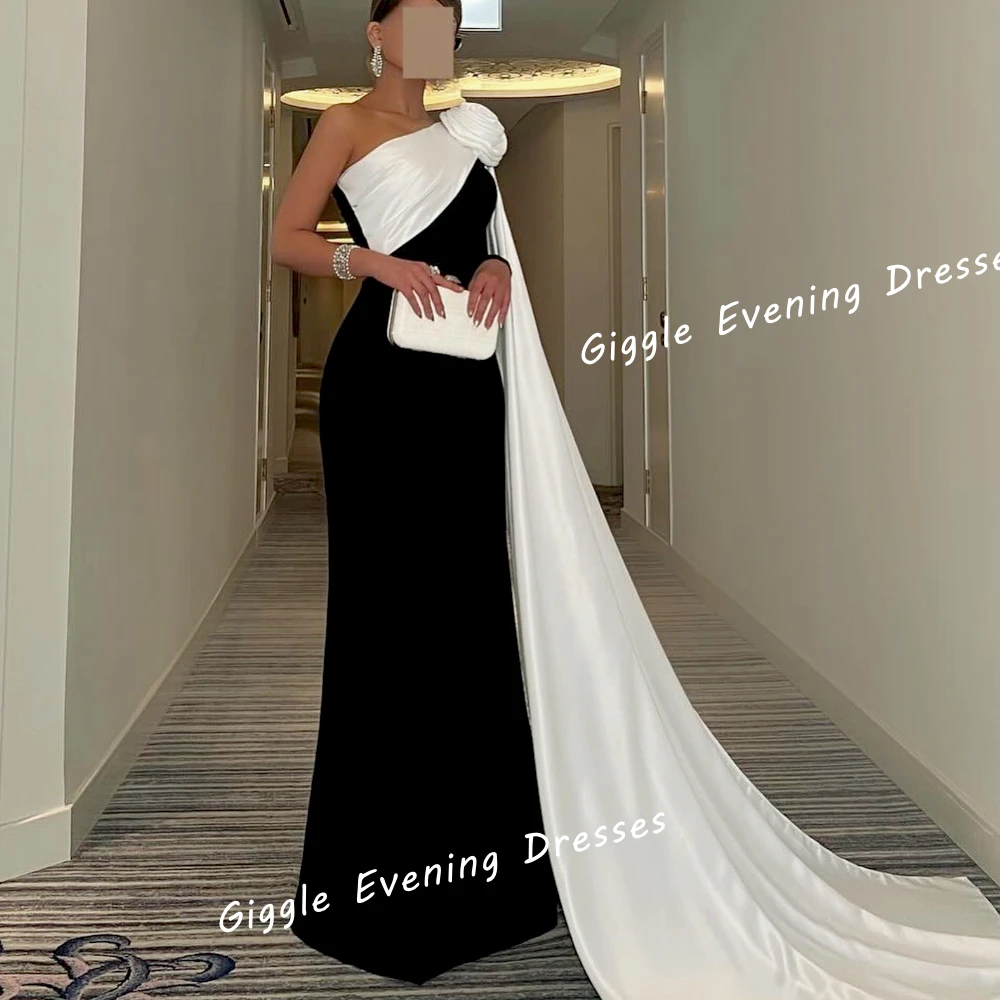 Giggle Crepe One-Shoulder Flowers Elegance Prom Gown Saudi Arab Ruched Shawl Floor-Length Evening Party Dresses for Women 2024