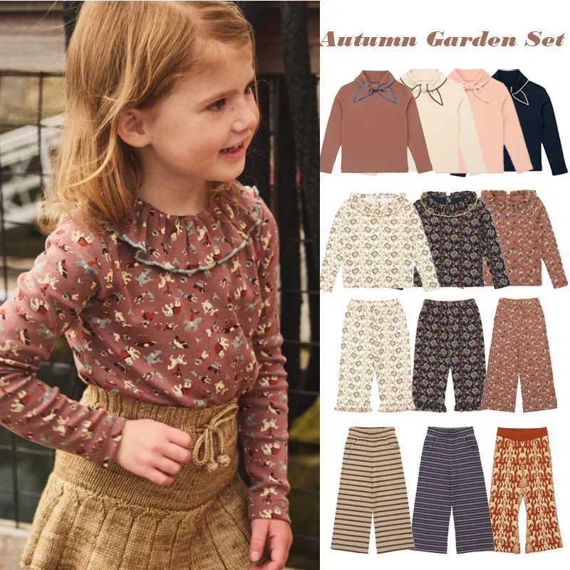 

Girls' Long-Sleeve T-Shirt 2025 Fall New Arrival Floral Print Sweet Fashion Girls' Base Layer Pure Cotton Warm Knit Long Pants