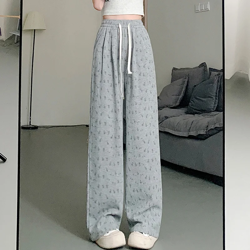 Cutecore-Calças femininas largas de cintura alta, grafismo floral, perna reta, calças femininas, calças especiais de férias, coreano