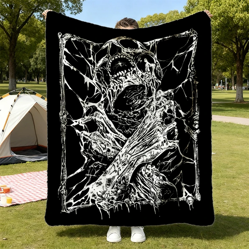Screaming Skeleton Soft Blanket Horror Graphic Warm Blanket, Creepy Ghoul Retro Spooky Goth Occult Halloween Gift Horror