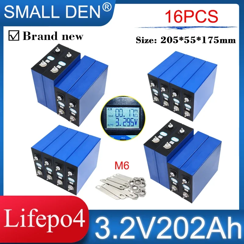 

16PCS New 3.2V 200Ah 202Ah Lifepo4 Battery 4000 Cycle Grade A Cells DIY 12V 24V 48V E-Car Boat RV Golf Carts Home Inverter Solar