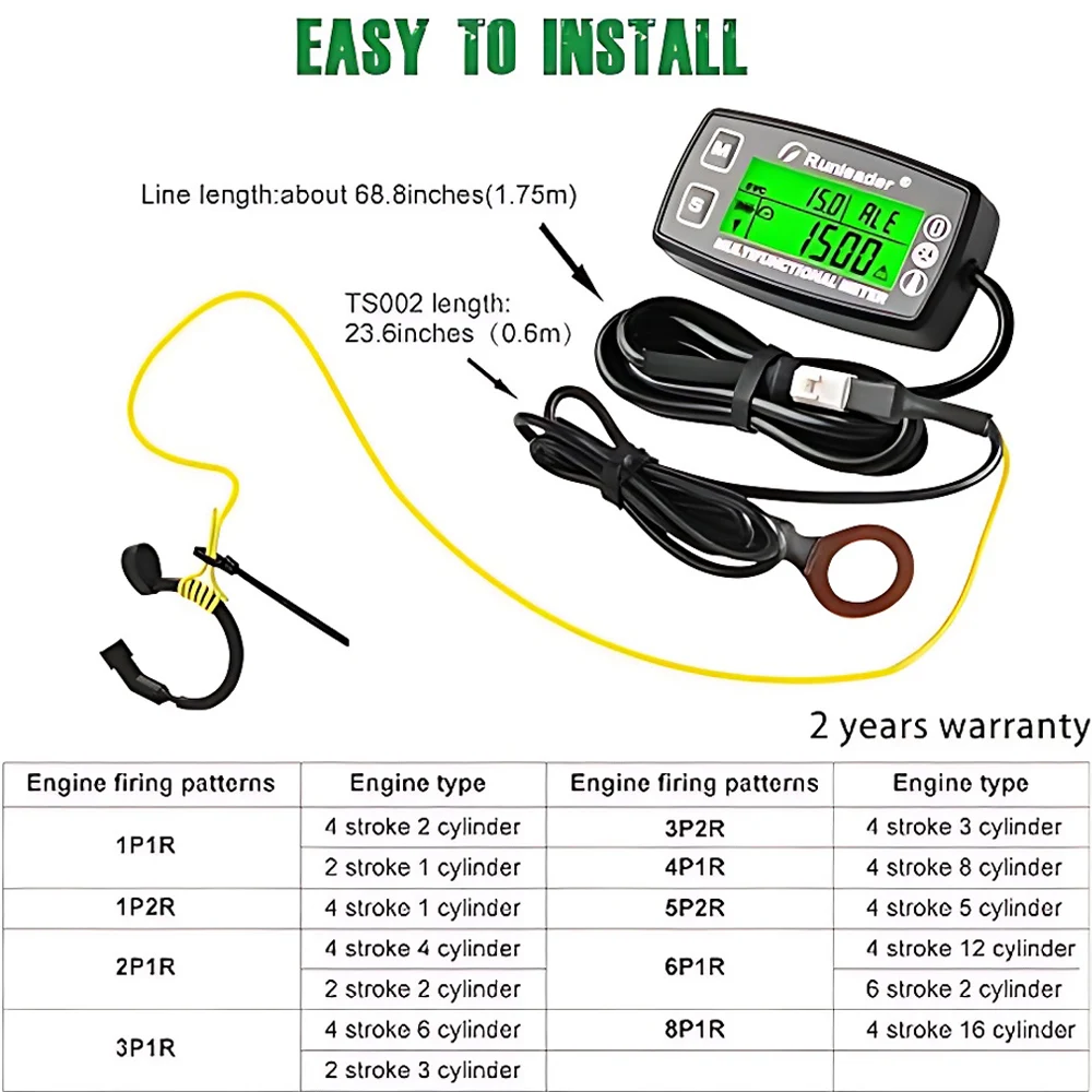 Digital Tach/Hour Meter,Engine Temperature Gauge,Alert RPM & Temp,Backlights Display for Lawn Tractor Compressor Generator Snowm