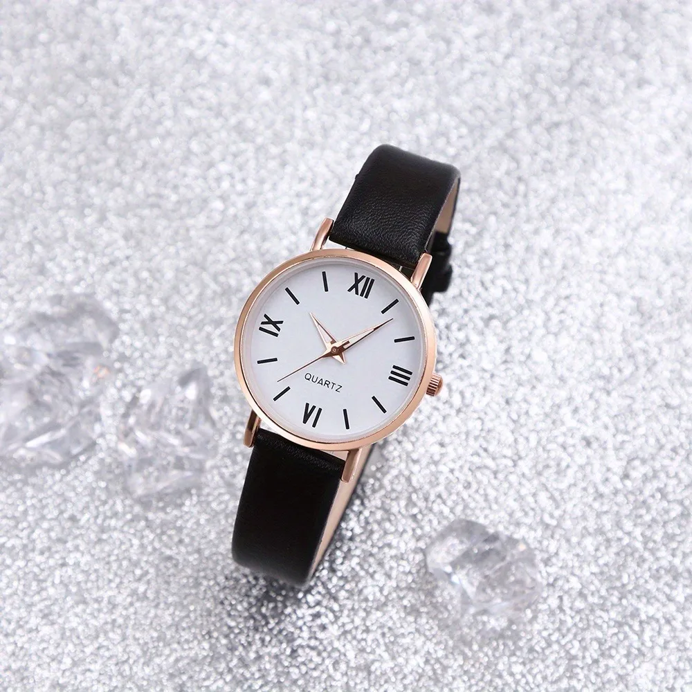 Women's Fashion Watch, PU Leather Strap, Quartz Movement, Rose Golden Case, Roman Numeral Design, Minimalist Style