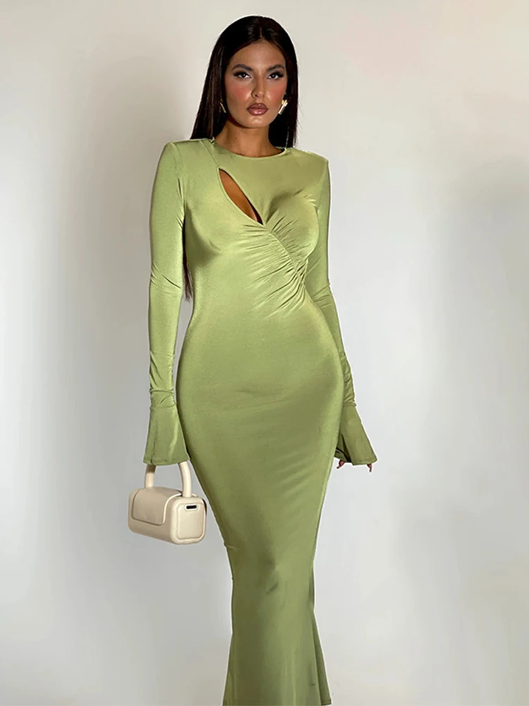 Elegant Ruched Cut Out Dress, Long Sleeve, Round Neck, Sexy Bodycon, Evening Party, Slim Christmas Outfits, Streetwear Fashion