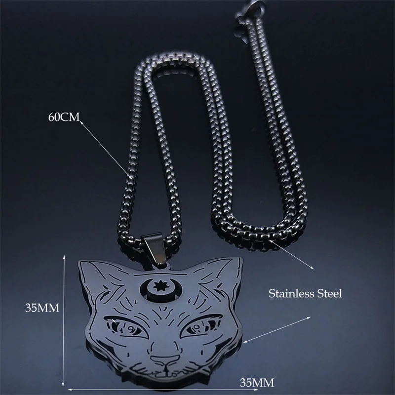 Goth Wicca Cat Moon Star Hollow Pendant Necklace Women Black Color Heptagram Witchcraft Stainless Steel Necklaces Jewelry N8574