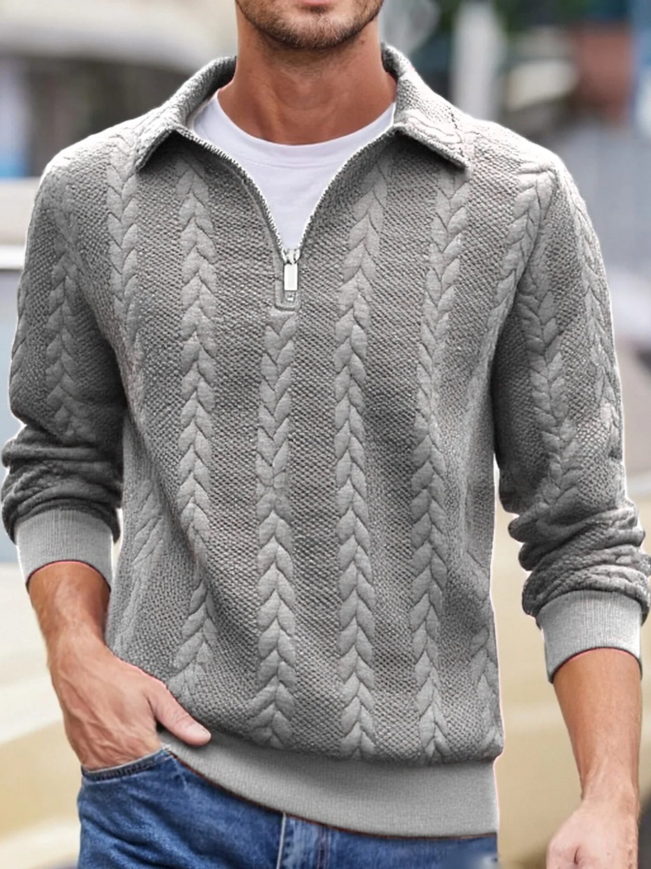 Mens Lapel Half Zip Sweatshirt Long Sleeve Cable Textured Pullover Relaxed Fit Tops For Daily Casual Autumn And Winter Dressing