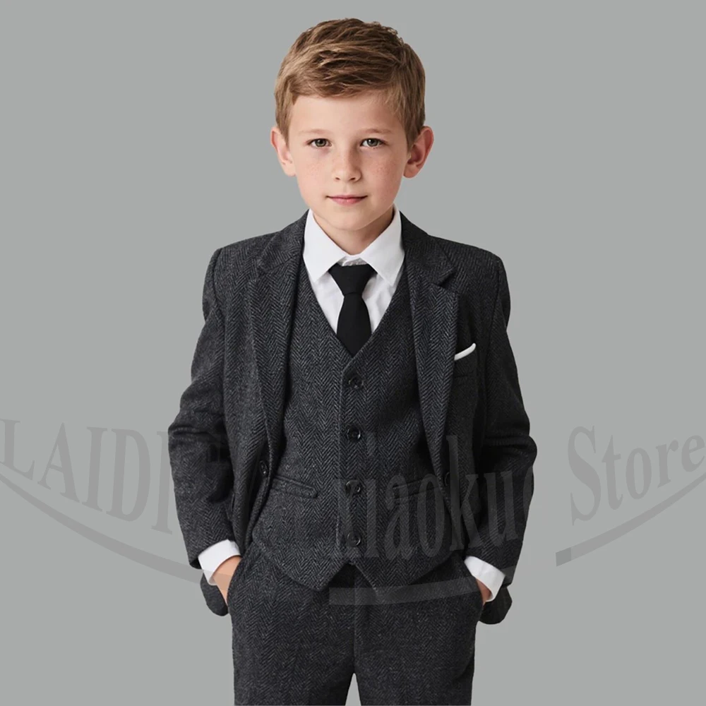 Boys Grey Herringbone Suit Tweed 3 Piece Vintage Style Wedding Party Pageant Special Occasion Fashion Kids Gentleman Outfit