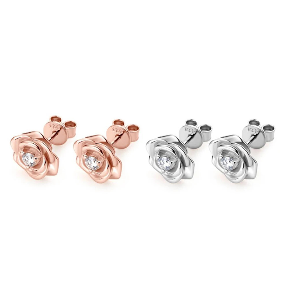 Sweetrain Rose Gold Moissanite Earrings for Women 925 Sterling Sliver 3mm Rose Flower Diamond Stud Earring Fine Jewelry Gift