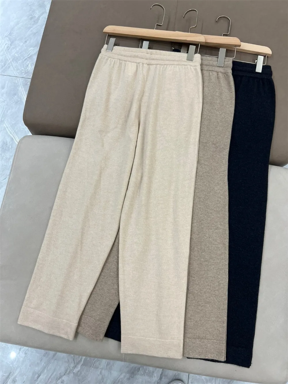 Women's Straight-Leg Cashmere Pants, Female Casual High Waist Elastic Trousers