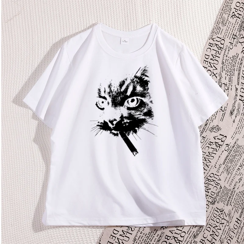 Katze Rauchen Zigarette Lustige Grafik T Shirt Übergroßen T-shirt Dumme Katze T Shirts Baumwolle Kurzarm Streetwear Kleidung – Detail 10