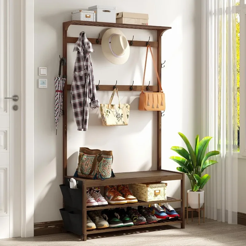 

Hall Tree with bench and shoe storage, Entryway Bench with shoe storage, 6-in-1 Coat Rack with Cloth Bag and14 Coat Hooks