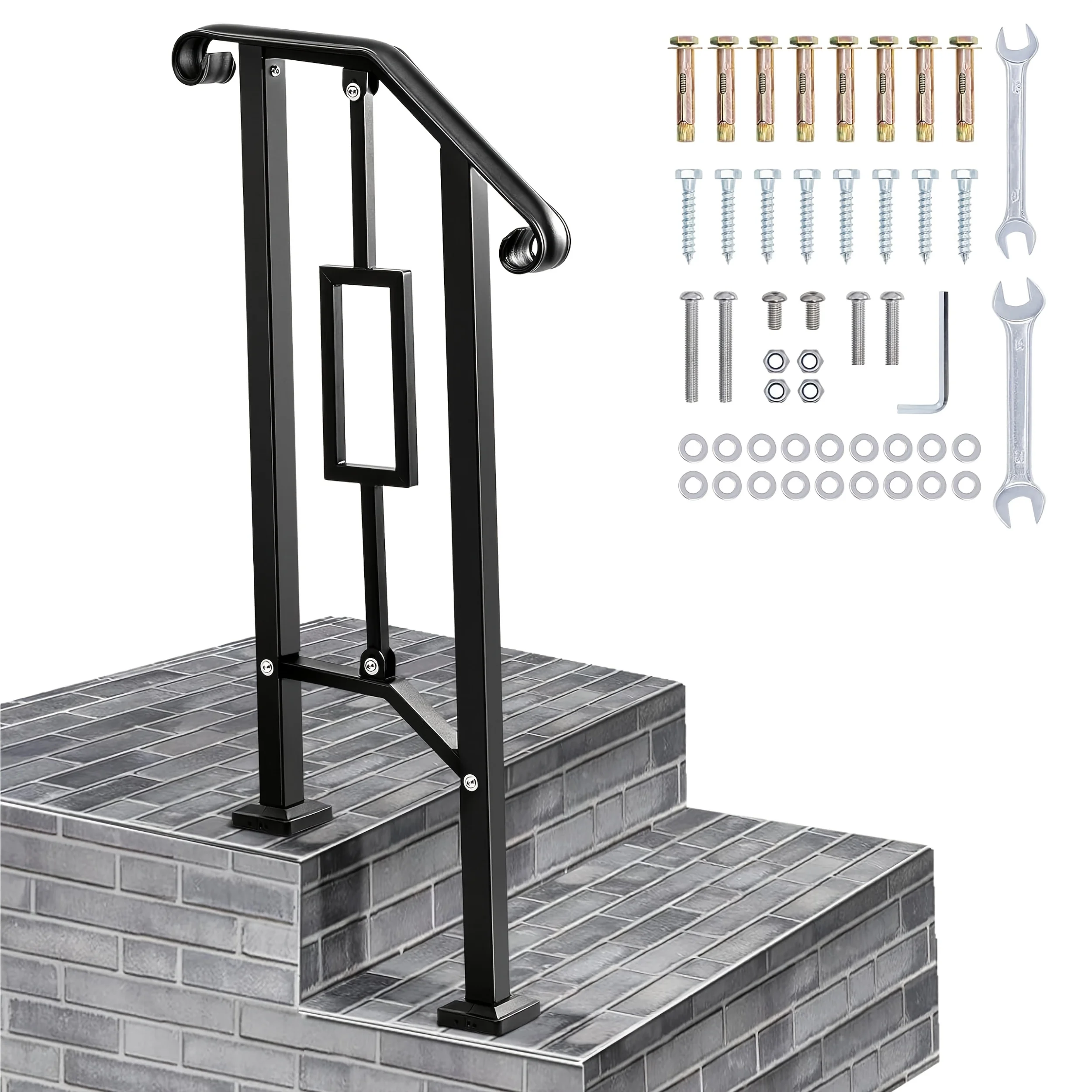

Stair Railing, Handrails for Outdoor Steps, Heavy Duty Handrail Stair Railing Double Post Handrail Fits 1-2 Steps with Installation Kit Mattle Iron Handrail for Concrete Steps, Porch Step