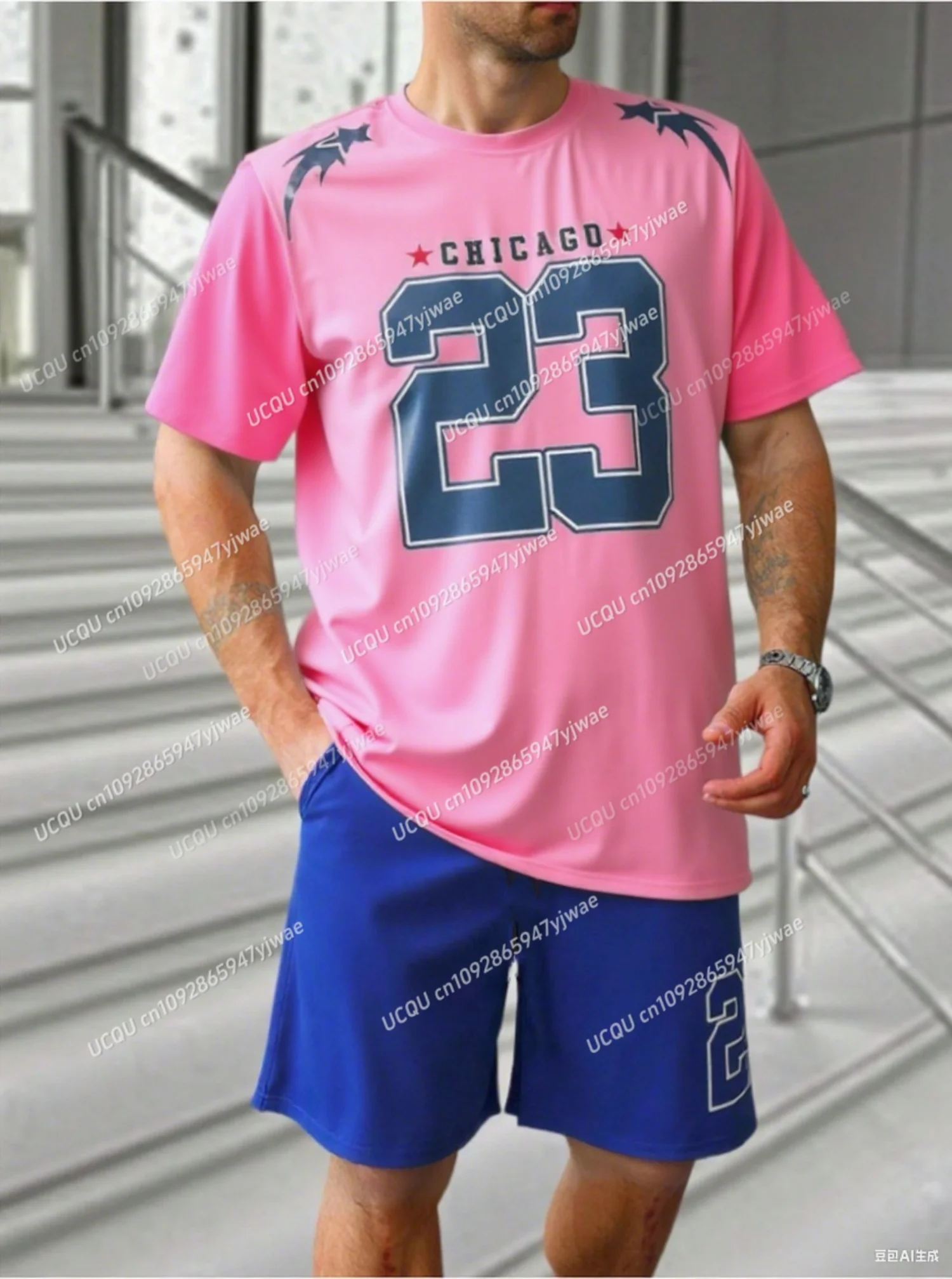 2025 Summer Color blocked Chicago No.23 Men's Tracksuit 2 Pieces Set Casual Sport T-Shirt Shorts Set Men's Jogging Men Clothes