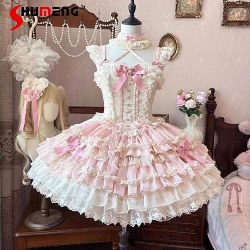 

Pink Lolita Princess Sling Dresses JSK Summer Girls Sweet Elegant Bow Lace Edge Mini Dress Women's Slim Fit Sleeveless Dress
