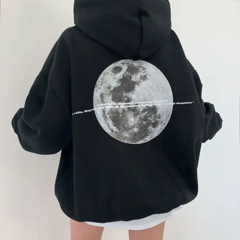 Women Hoodies Autumn Winter Cotton Hooded Shirt Moon Printed Graphic Fleece Pullover Long Sleeve Sweatshirt Men Women Clothing