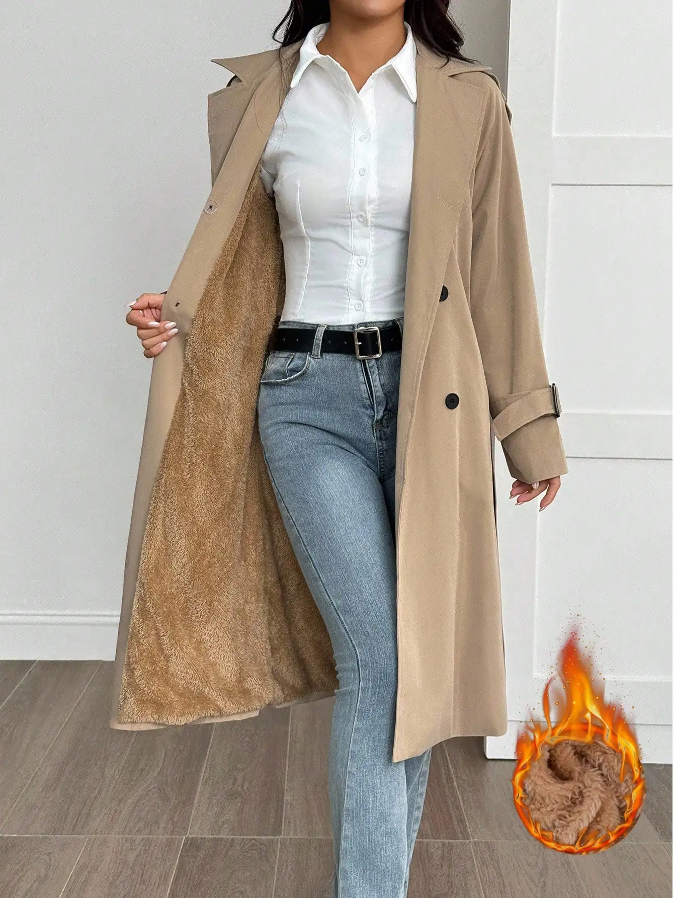 

Women's Warm Faux Fur Lined Trench Coat, Long Sleeve Double Breasted Winter Outerwear