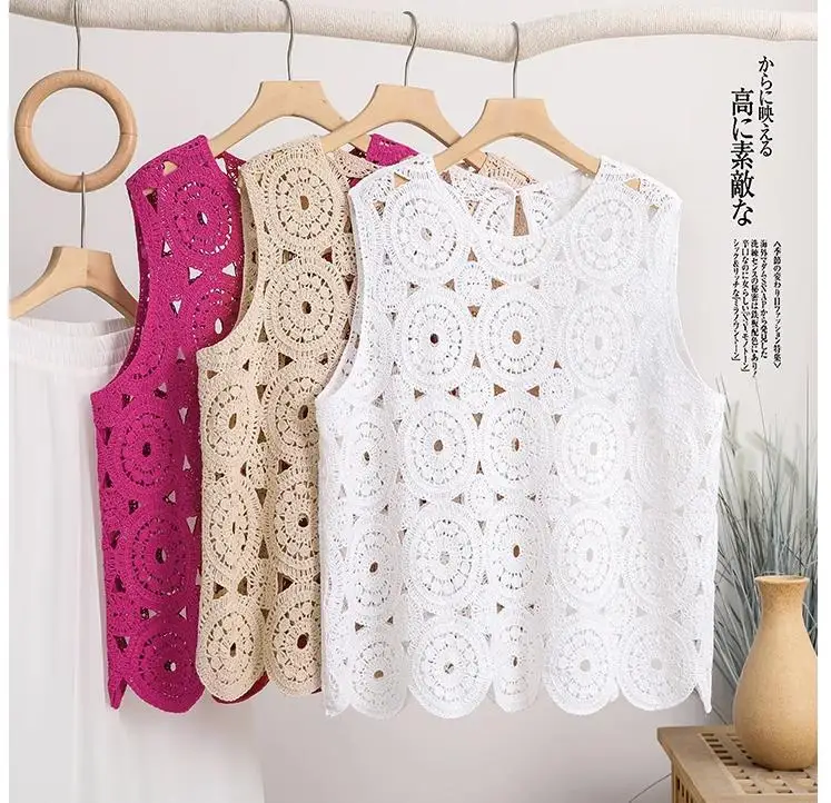 Summer seaside vacation hollow out lace tanks women embroidered vest women\'s pink hole tops