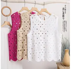 Summer seaside vacation hollow out lace tanks women embroidered vest women's pink hole tops