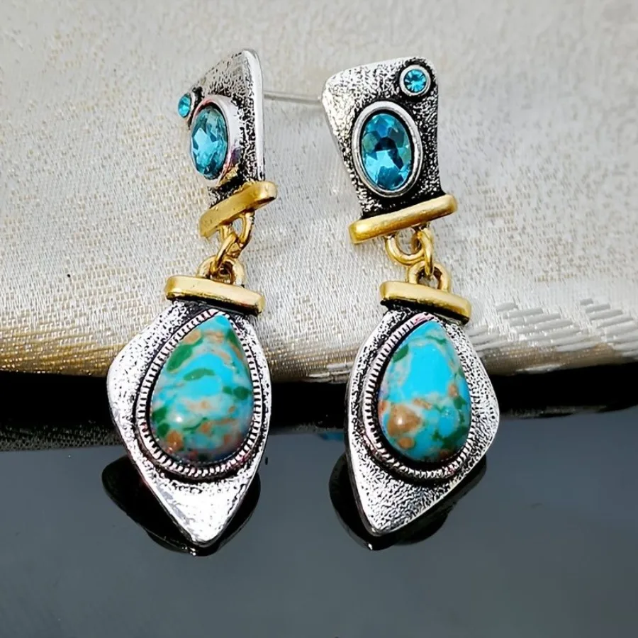 Boucles d'oreilles de luxe en argent antique, Turquoise colorée, bijoux d'oreille plaqués argent 925 haut de gamme