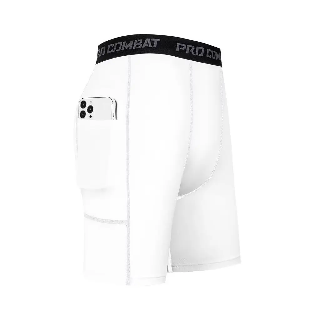 New men's solid color compression shorts with side phone pockets, quick drying gym workout running sports tight shorts