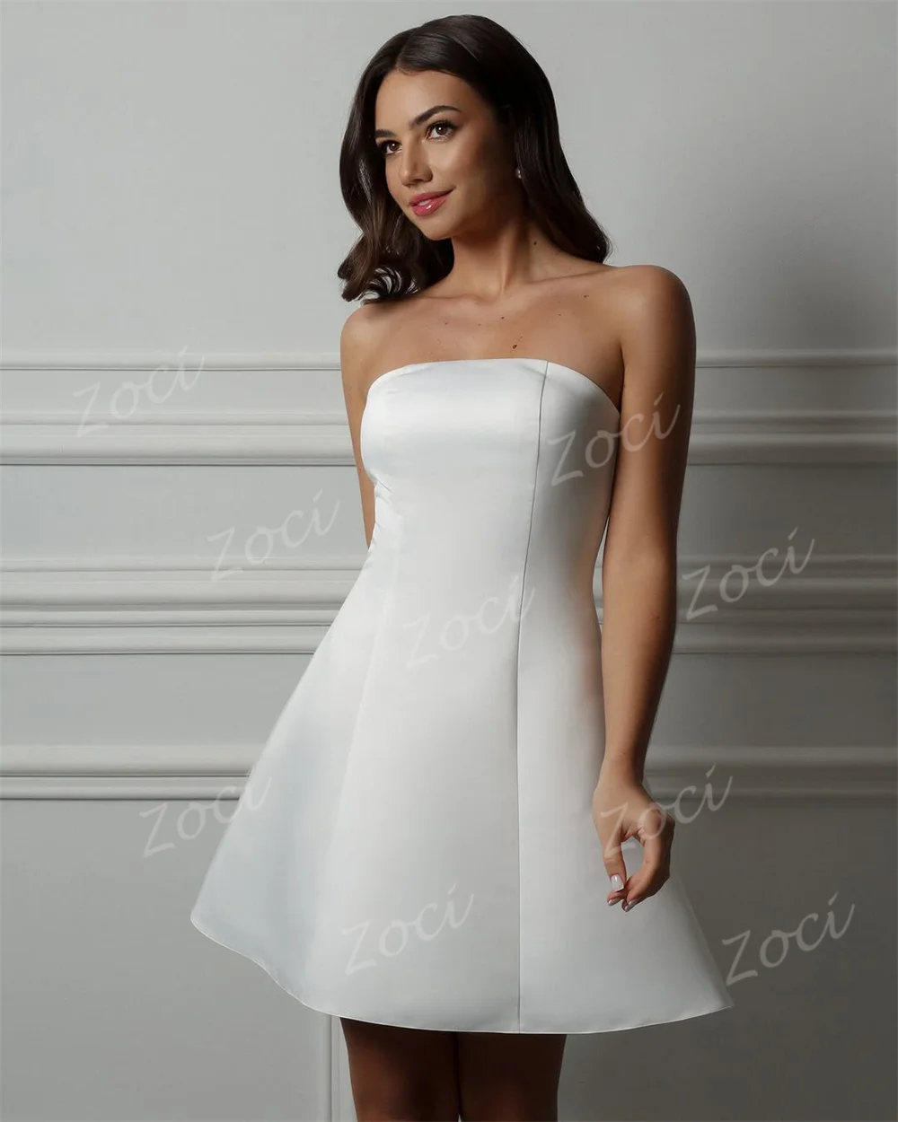 Zoci Simple Off The Shoulder Wedding Dress Women Short Satin Above Knee Long Sleeves Vestidos De Novia Customized