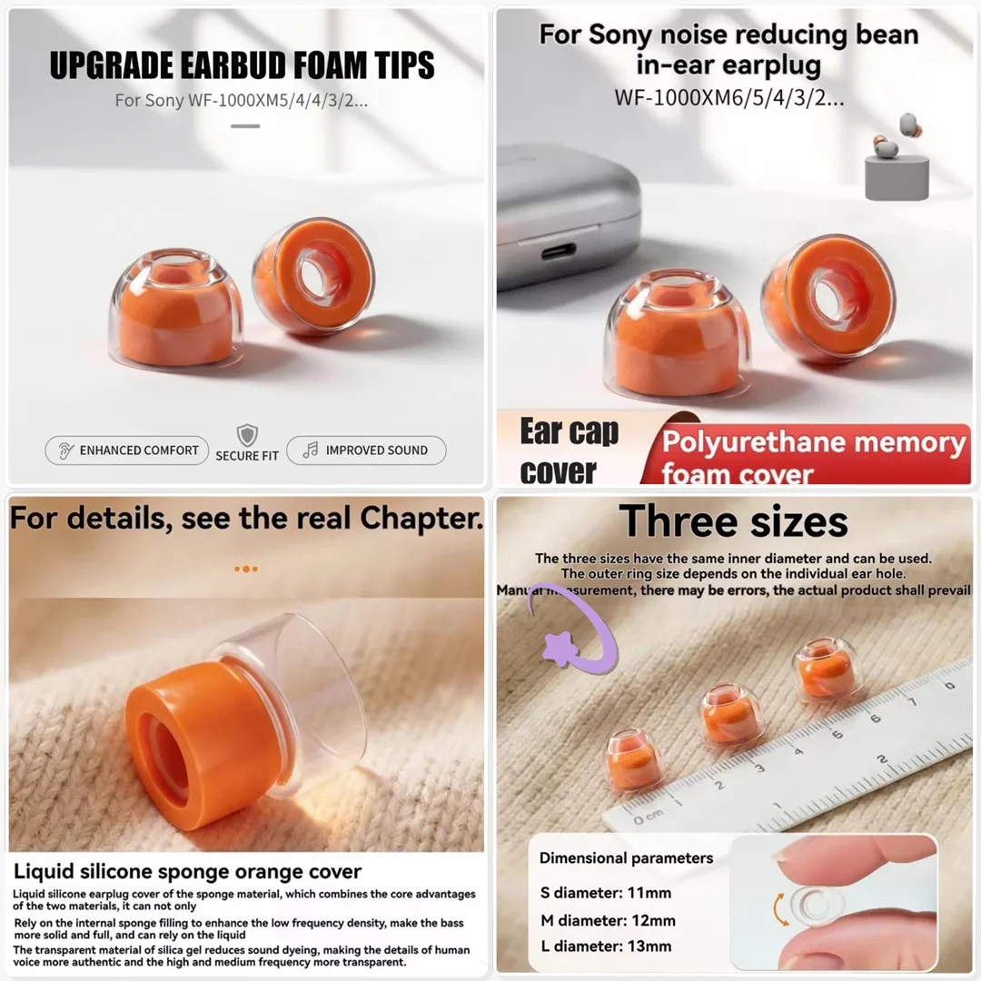 Liquid Silicone Foam Ear Tips for Sony Sponge Noise Cancelling Orange Flight Travel Sleep Noise Reduction