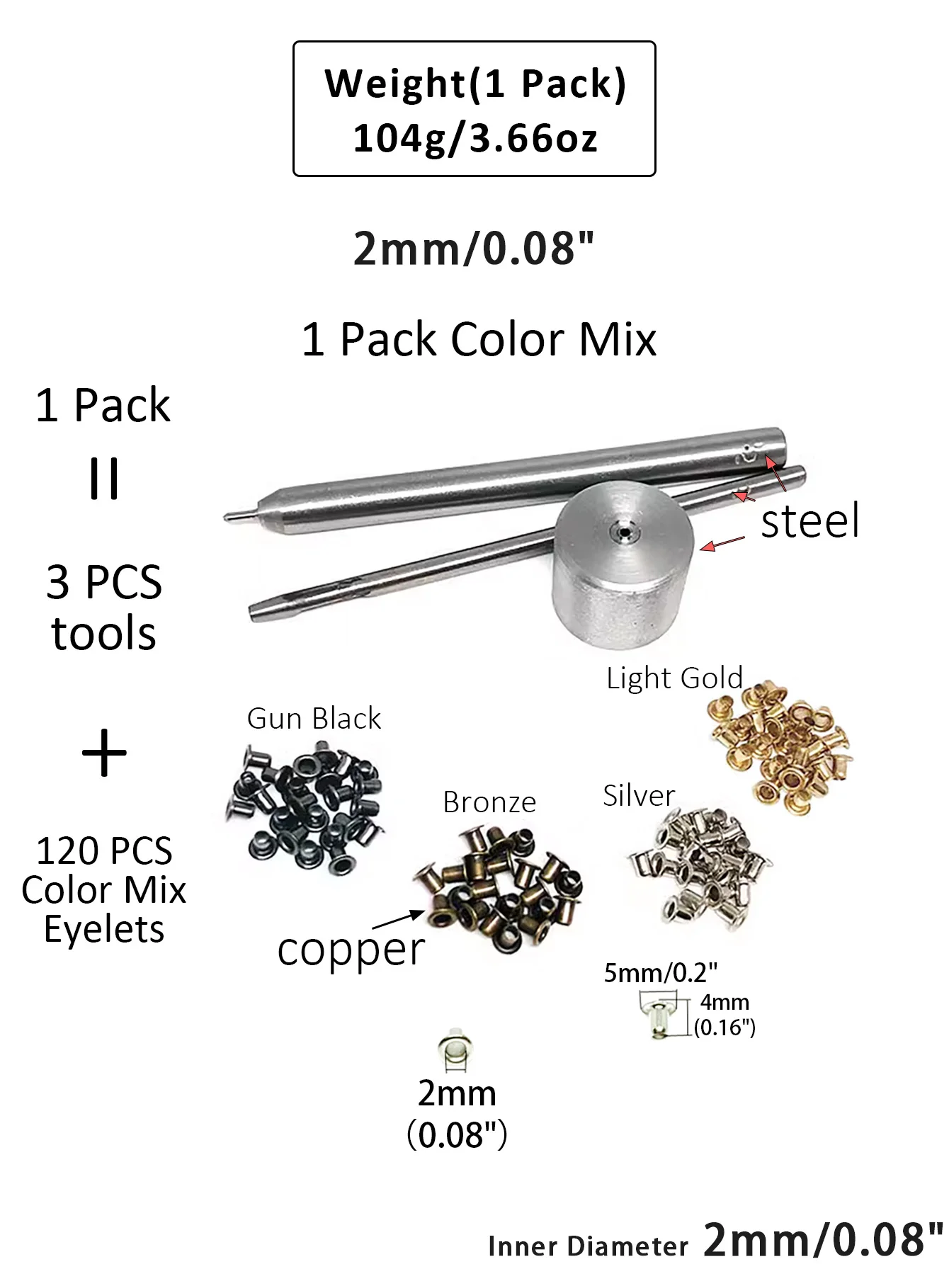 120 Stück Kupfer-Farbmischung, winzige 1,5/2/2,5 mm Ösen für Schuhe, Kleidung, Leder, Leinwand, BJD-Ösen mit 3 Stück Befestigungswerkzeugen – Detail 5