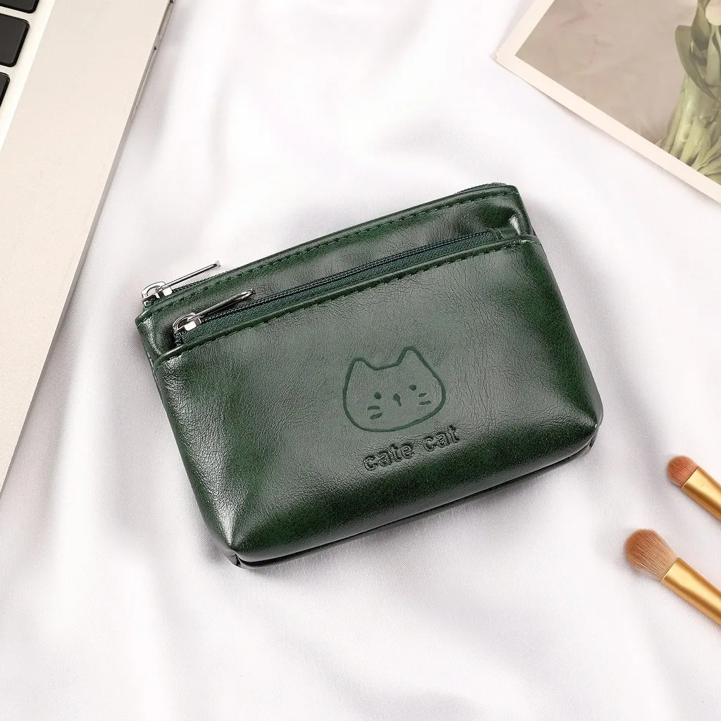 Coin Purse Scratch-Resistant Pu Leather Wallet Double Zipper Wallet Soft Card Holder For Traveling Unisex Use Daily Commuting