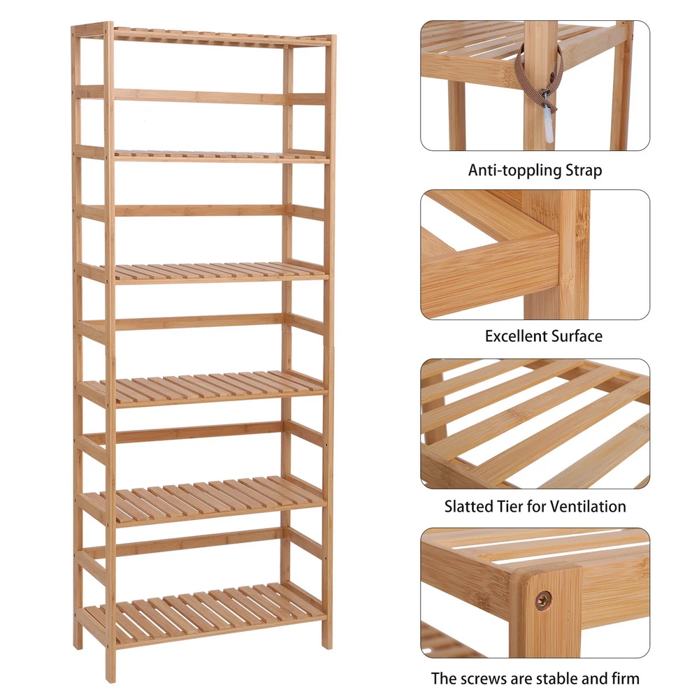 

100% Bamboo Bookshelf, Multi - Functional Adjustable 6-Layer Shelf, Can Be Used In Living Room, Study, Bedroom, Etc