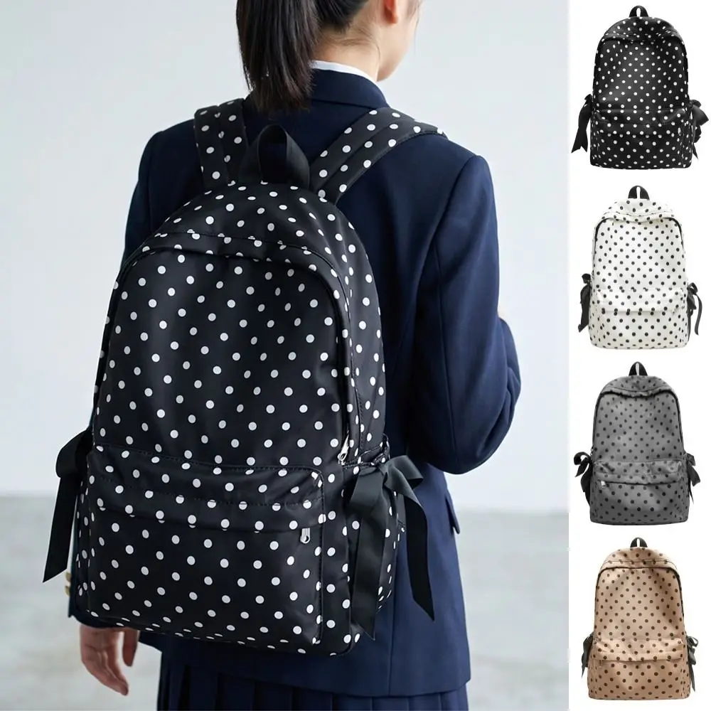 Cute Sweet Polka Dot Backpack Minimalist Multiple Pockets Bow Rucksack Durable Bowknot Design Student School Bag Travel Use