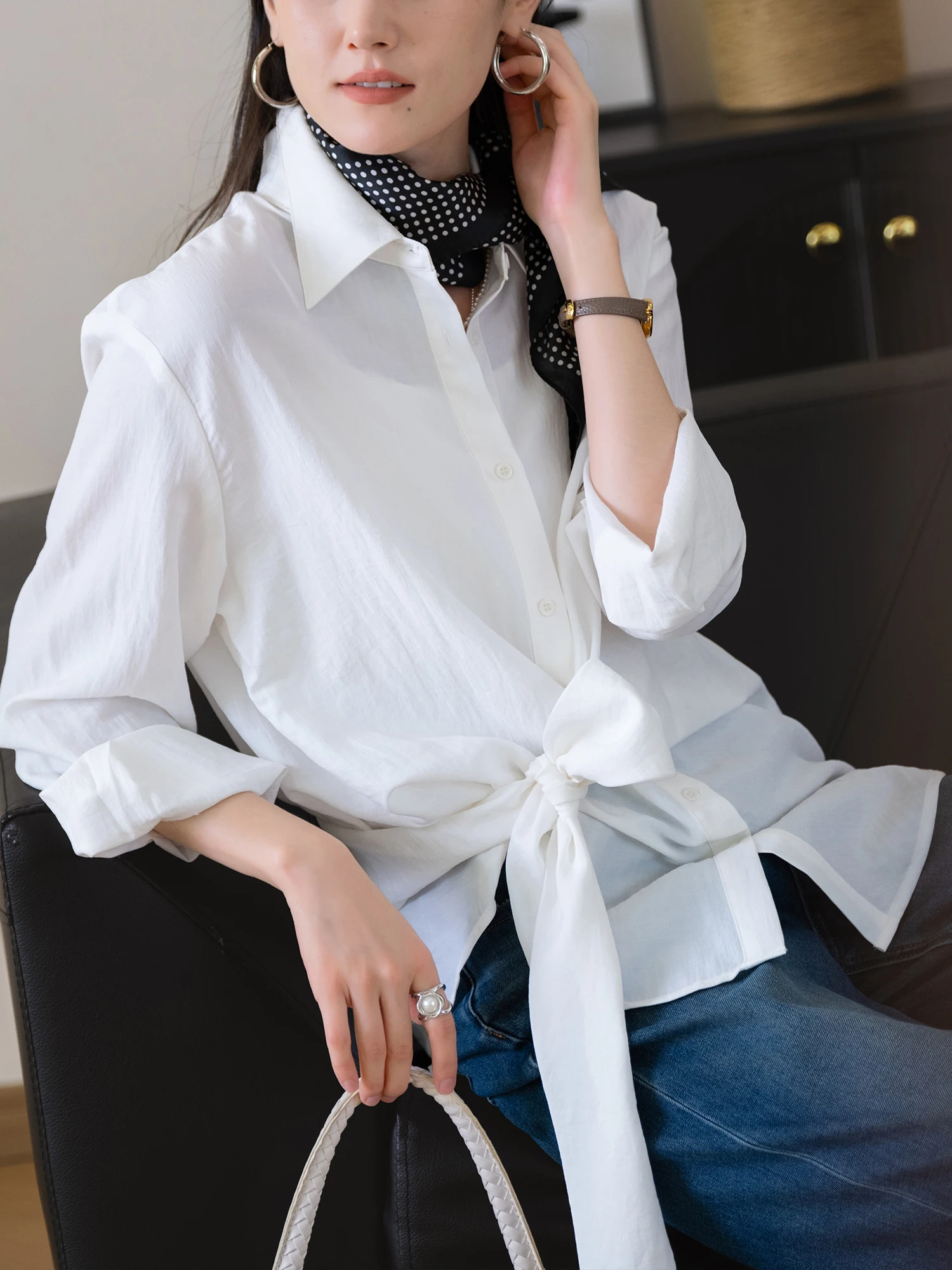 

Cotton Blend Long Sve irt Women's Turn-down Collar Asymmetrical Tied Waistcoat Breathable Comfortable Regular Sve