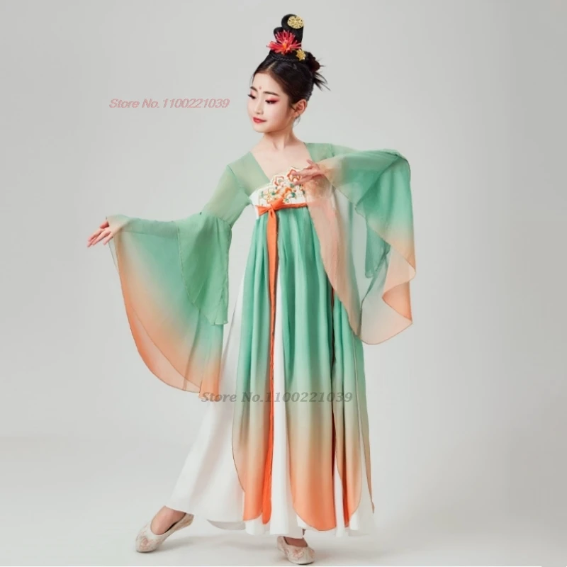 2025 chinese vintage children dance costume national flower embroidery gradient color hanfu dress stage performance folk dress