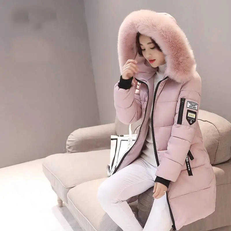Parkas de plumón para mujer, chaqueta larga con cuello de piel grande, abrigo Delgado grueso, ropa de abrigo de algodón con capucha, moda de