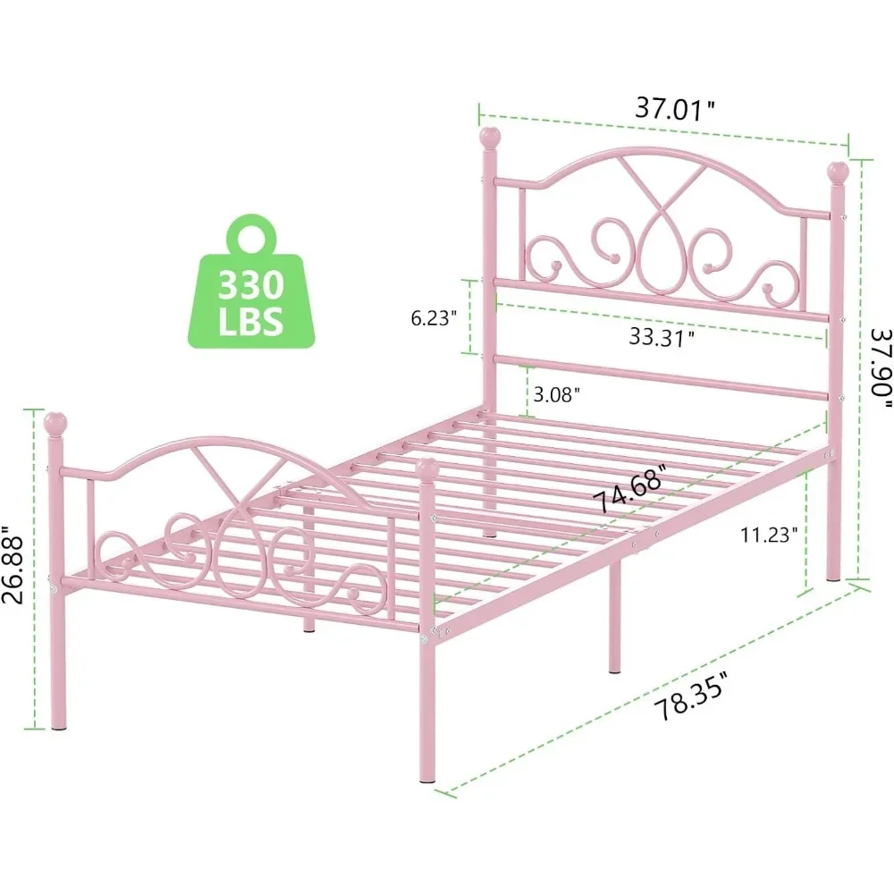 Modern Twin Size Bed Frames for Kids Girls, No Box-spring Needed Twin Platform Bed Frame with Unique Headboard and Footboard