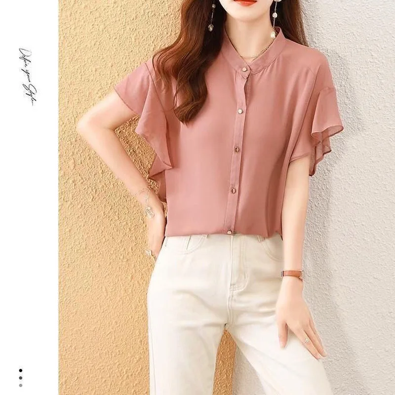 Elegant Solid Color Loose Single-breasted Blouse Women Classic Short Sleeve Summer O-collar Office All-match Lady Chiffon Shirt