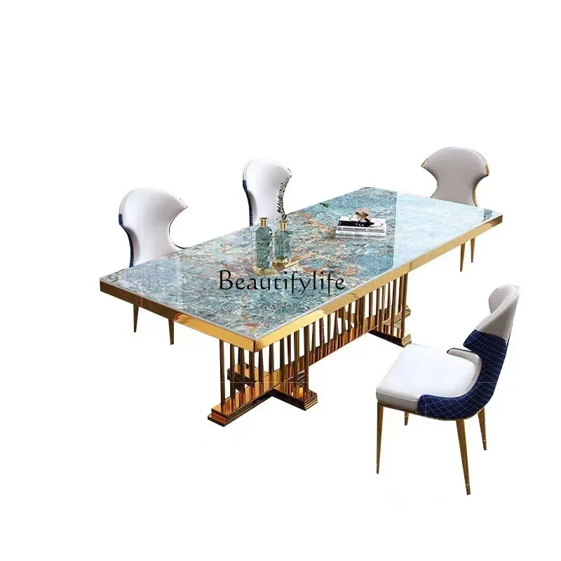 

Light luxury marble dining table Rectangle post-modern simple stainless steel titanium gold dining table