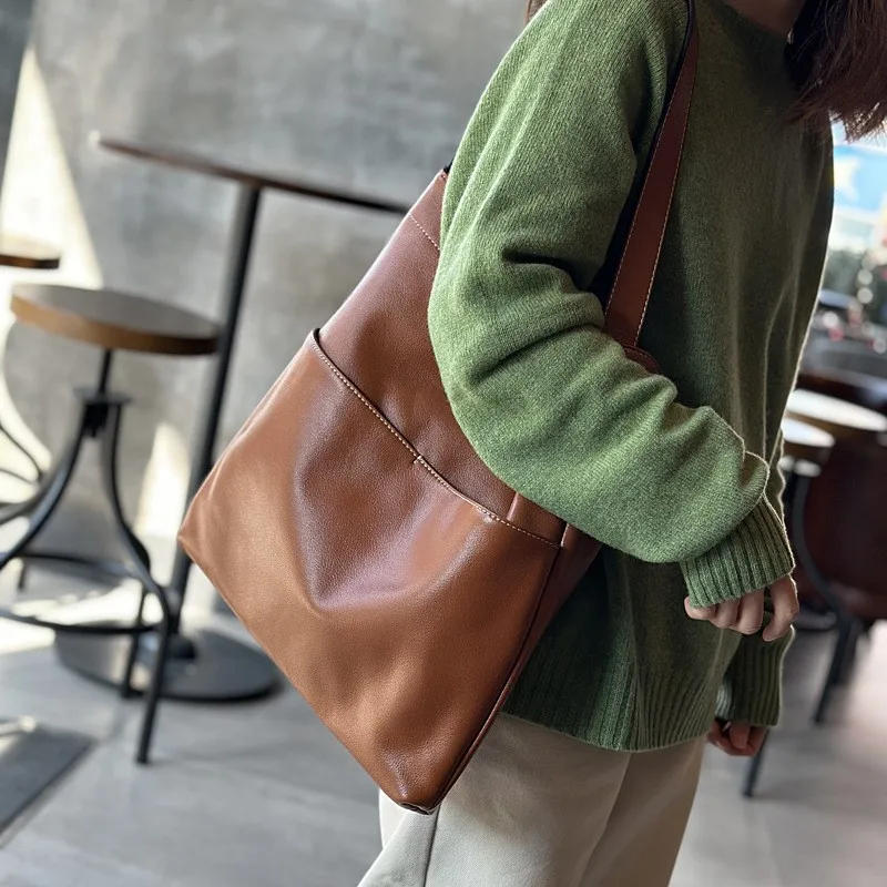 Johnature 2024 New Genuine Leather Shoulder Bags Simple Soft Cowhide Large Capacity Women Casual Tote Bag Lazy Shopping Bag