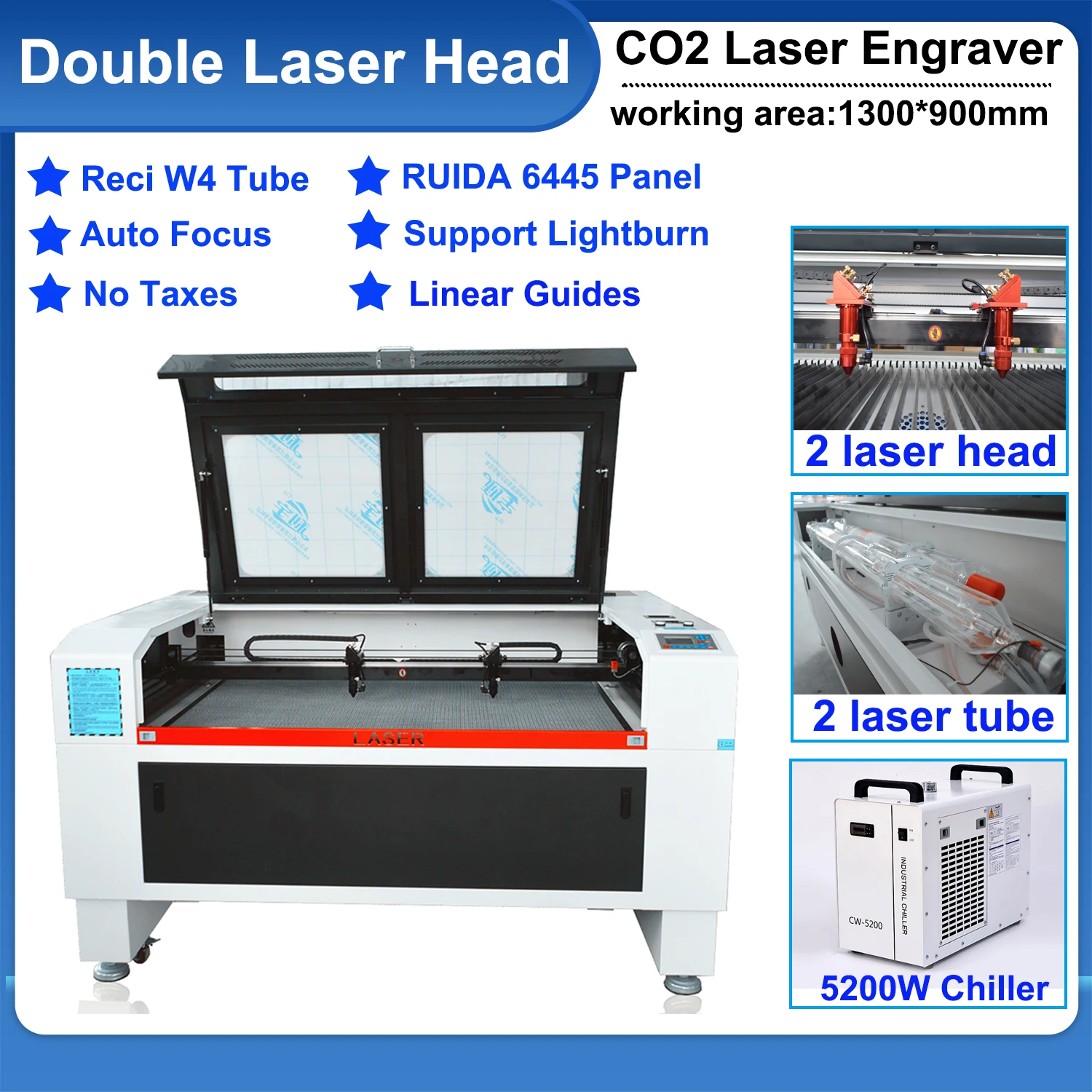 130W CO2 Laser Engraving Cutting Machine Double Laser Head 1300*900mm Laser Engraver Fabric Wood Leather Reci W4 Tube Engraver