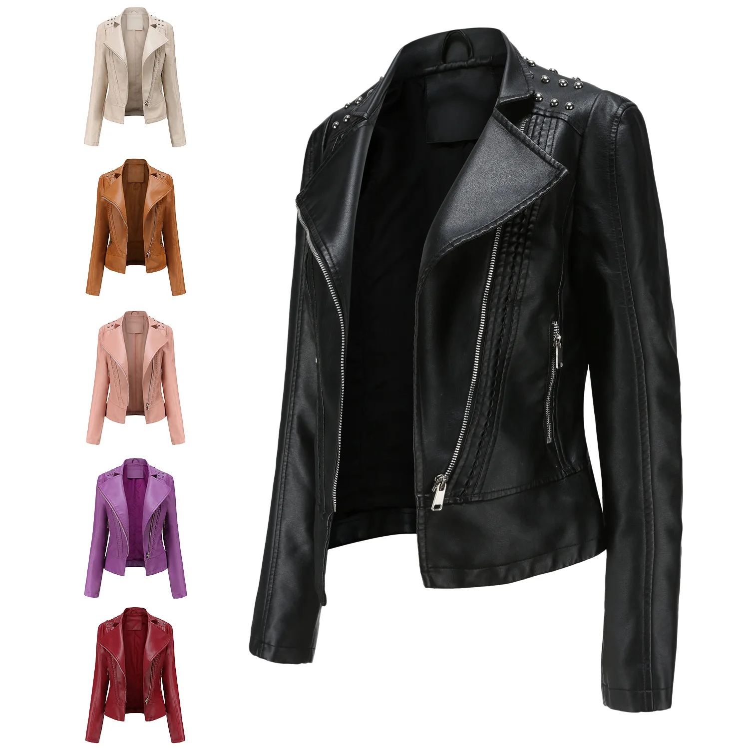 Moda metal rebite fino jaqueta de couro feminina zíper primavera outono motor biker couro do plutônio feminino casaco manga longa senhora outerwear