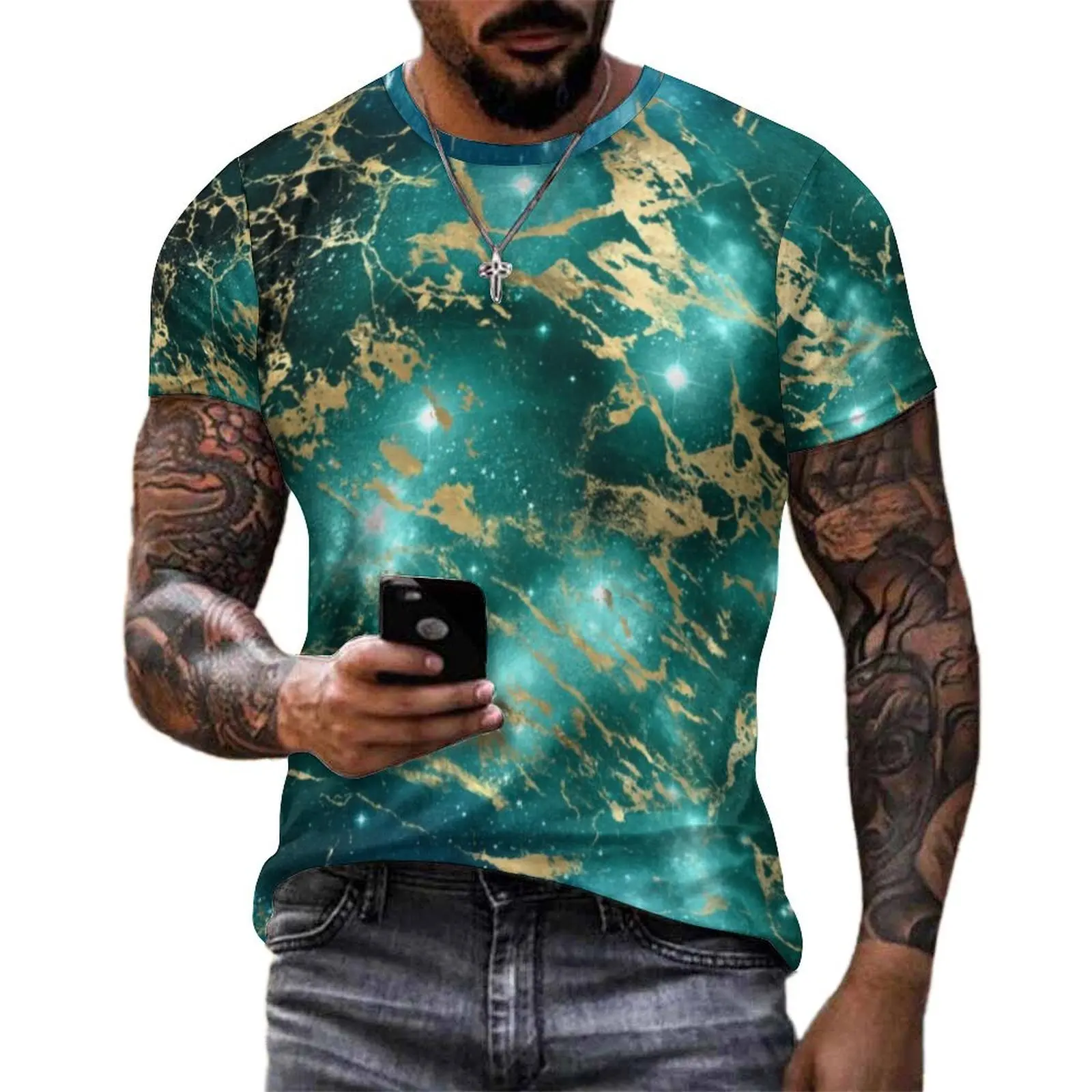 Black Green Starry Night T-Shirt Space Marble Print Hip Hop T-Shirts Men Streetwear Tee Shirt Summer Short Sleeve Graphic Tops