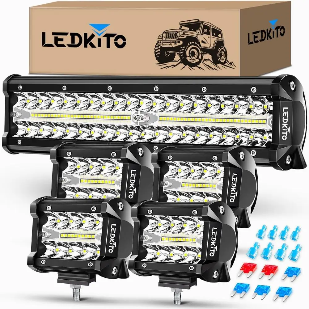 

12 LED Light Bar & 4x 4 Pods for Off-Road, Jeep, Truck, UTV, Golf Cart & Boat
