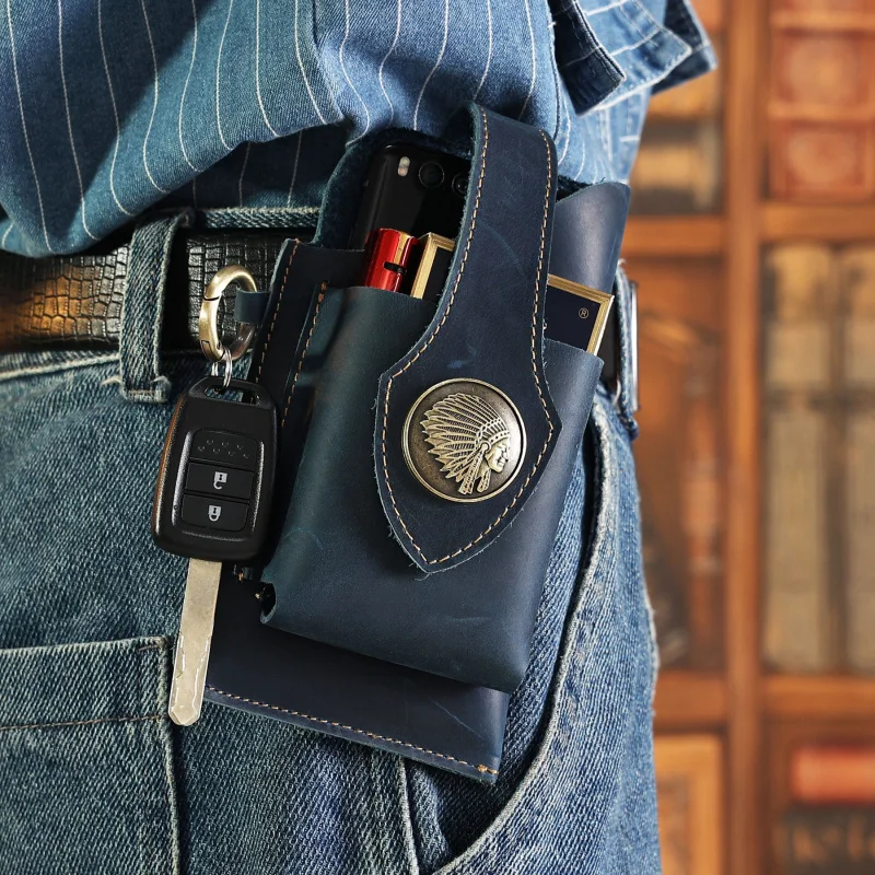 New Vintage Men's Cow Leather Waist Bag Male Outdoor Sports Waist Packs For Men Mobile Phone Tactical Bag