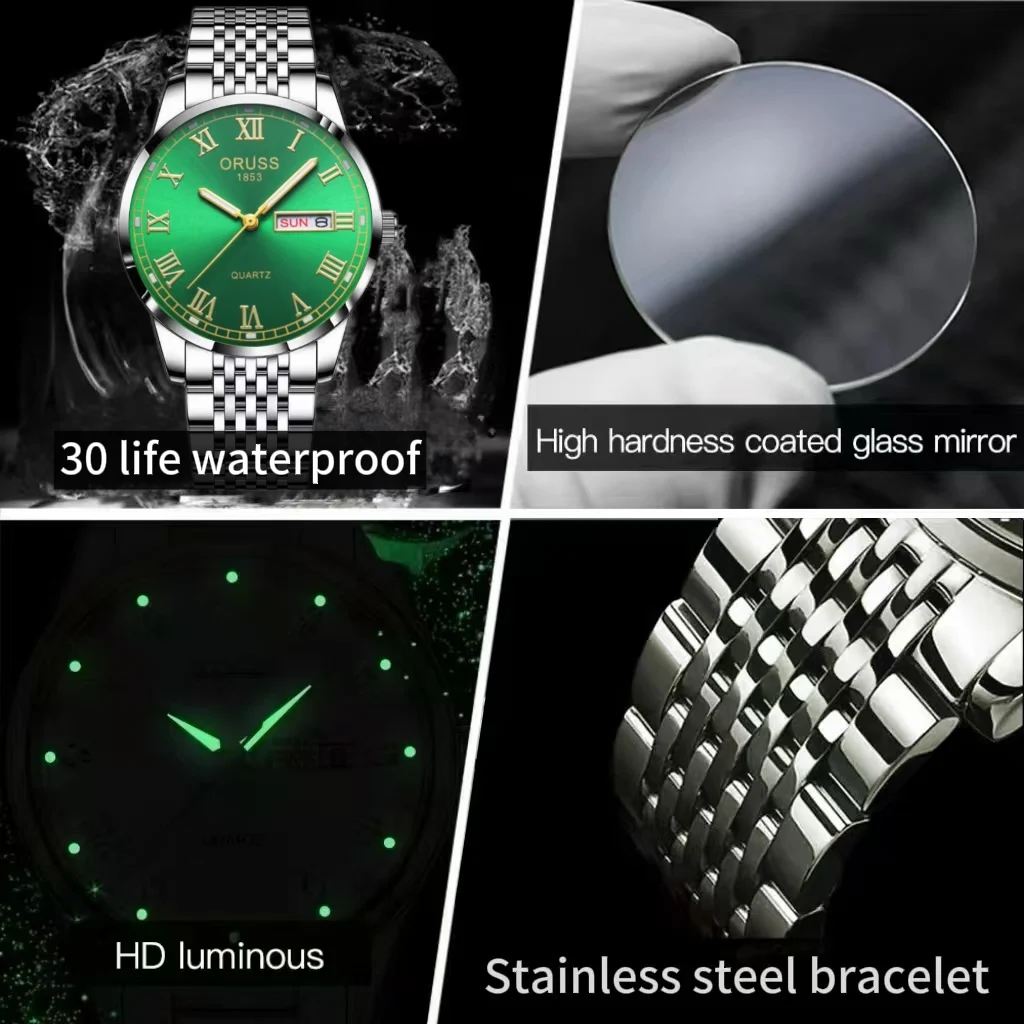 ORUSS оригинальные элитные роскошные мужские часы светящиеся часы для мужчин часы модные наручные часы из нержавеющей стали водонепроницаемые кварцевые