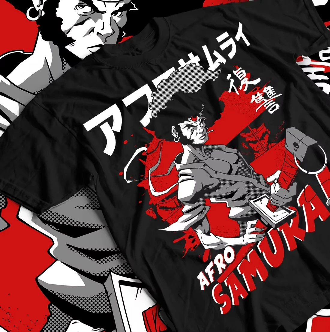 Camiseta unisex de verano con diseño de samurái afro, camiseta de anime y manga japonesa, cuello redondo y manga corta para hombre
