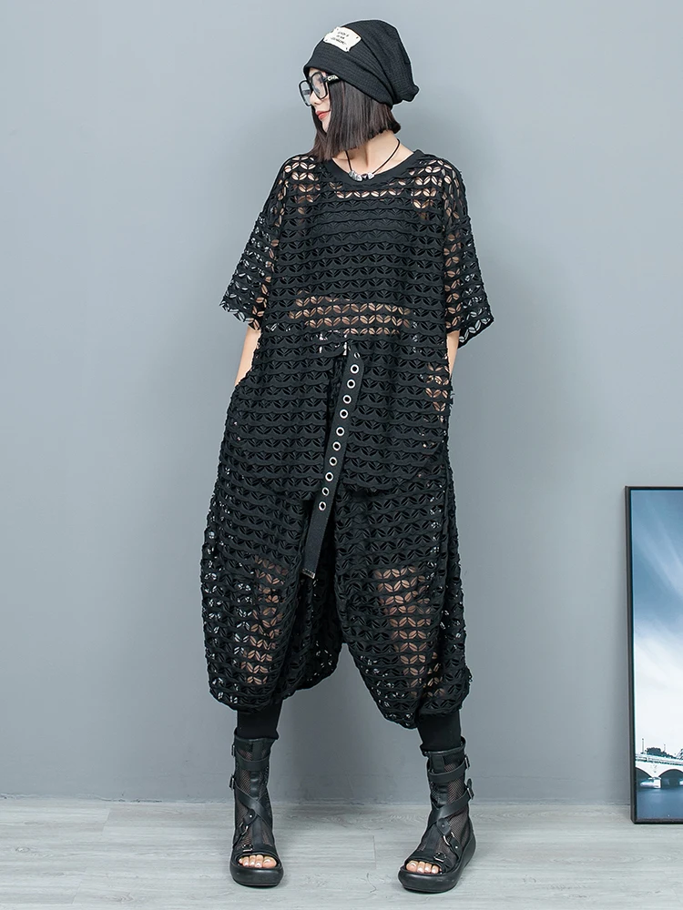 Trendy Cool Personality Hollowed Out Mesh Short Sleeved Irregular Top + Small Foot Lantern Pants Two-piece Set Women LX886F1