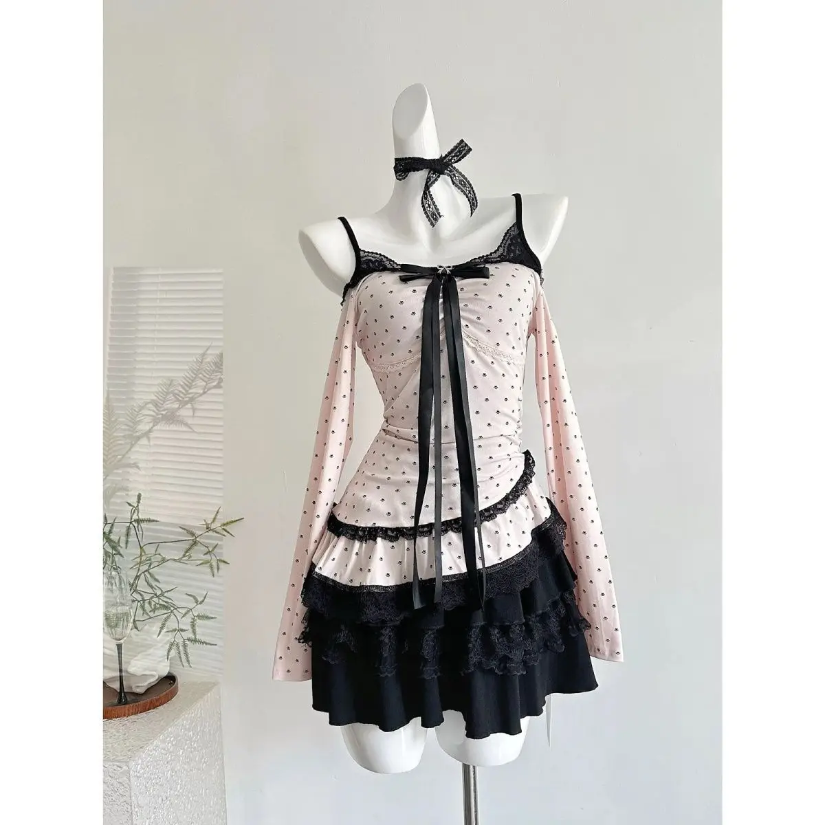 Y2k Polka Dot Long Sleeve Top + Strap Black Dress Two-Piece Set Women Sweet Japanese Vintage Bodycon Lace Bow Spring Summer image 2