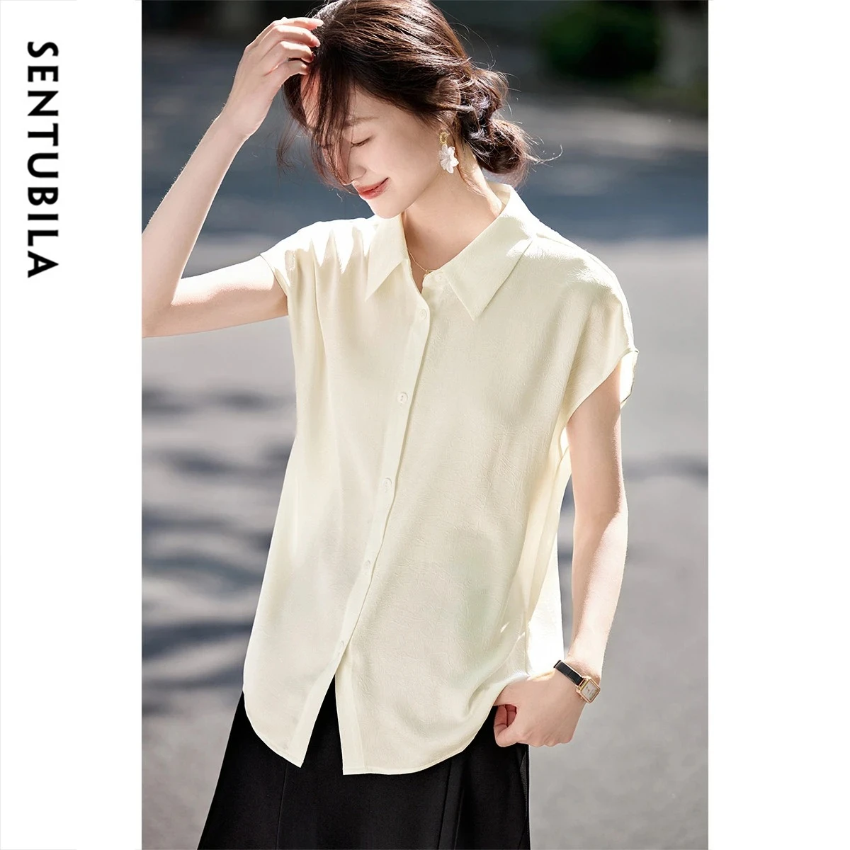 

SENTUBILA Minimalist Office Short Sleeve Shirt Women 2026 Summer Fashion Back Cross Cut Out Lace Splicing Loose Blouse T52CA1809