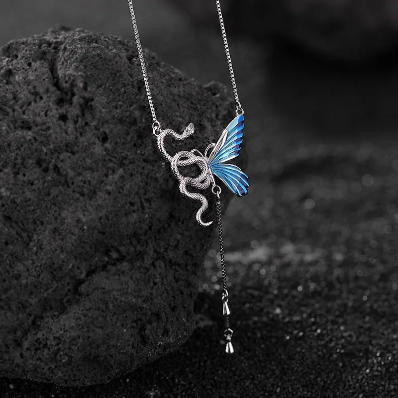 

TIMESWIND Fashion Women S925 Silver Enamel Butterfly Snake Tassel Necklace with Certificate