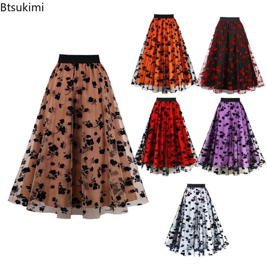 

Floral Leaf Flocking Mesh Skirts Women's Elegant High Waist Big Swing Midi Skirts Christmas Party Cosplay Costume Vintage Skirts